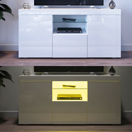 TV Stand White Cabinet Cupboard High Gloss Doors LED Light Entertainment Unit