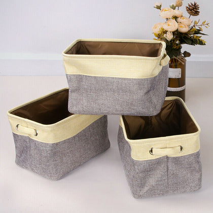 3Pcs Storage Baskets Foldable Linen Fabric w/ Handle Toy Clothes Organizer Box
