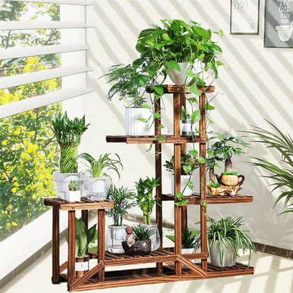Rustic 6 Tier Wooden Step Shelf Stand Plant Flower Shelving Unit Indoor Outdoor