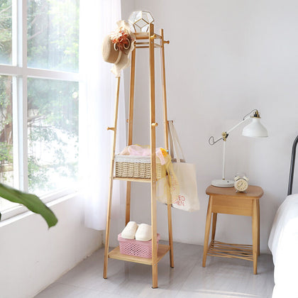 3 Layer 8 Hooks Bamboo Clothes Rail Coat Hat Rack Stand Ladder Shelves Organizer