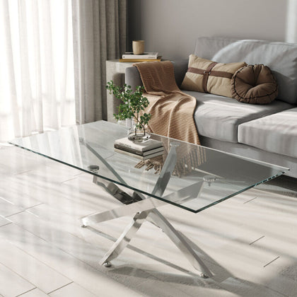 Rectangle Glass Coffee Table with Chrome Cross Legs Modern Living Room Furniture