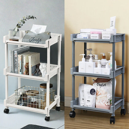 3 Layers Kitchen Trolley PP Plastic with Wheels Rolling Cart Storage Bathroom