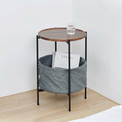 24in Antique Wood Tabletop End Table with Fabric Storage Basket Side Table