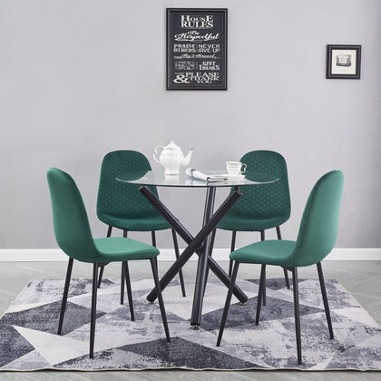 4x Green Velvet Dining Chair Round Glass Dining Table Black Metal Leg Diningroom