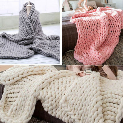 LUXURY HAND-WOVEN CHUNKY CABLE KNIT SOFA BED CHAIR BLANKET THROW