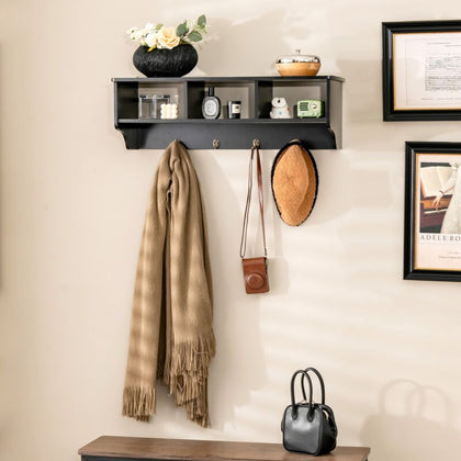 Wall-Mounted Wooden Coat Rack Floating Display Shelf Storage Organizer w/4 Hooks