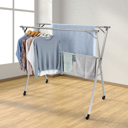 Folding Clothes Airer 3 Rails Clothing Drying Rack Rolling Laundry Garment Rail