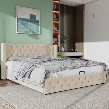 Ottoman Bed Frame Gas Lift Up Storage Double Size Beige Fabric Upholstered Bed