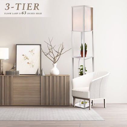 Floor Lamp with Shade Standing Light Reading Shelf Bedroom Livingroom White Wood