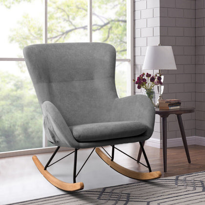 Grey Fabric Upholstered Rocking Chair with Solid Wood Curved Legs Padded Seat UK
