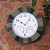 Home Garden Wall Clock with Thermomter Indoor Outdoor Arabic 34cm Slatted Effect