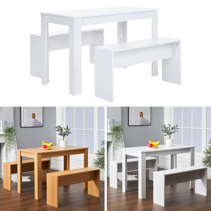 4 Persons Kitchen Table and 2 Bench Chairs Dining Room Compact Breakfast Seaters