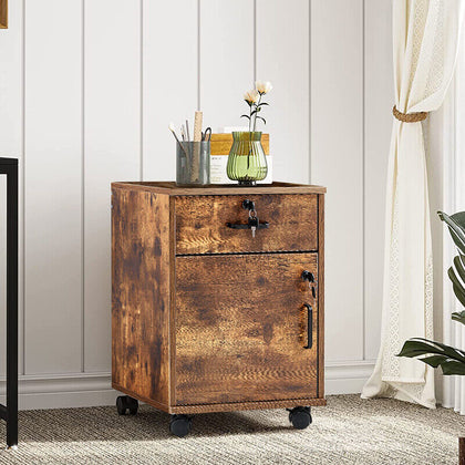Rustic Brown Rolling Office Cabinet with 1 Drawer File Cabinet for Home Office
