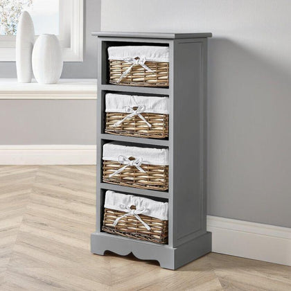 Chest 4 Drawers Hallway Furniture Storage Organiser Grey Wooden Wicker Baskets