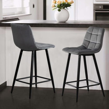 2x Grey Breakfast stool Bar Stools Velvet Pub Chairs 65 cm high seat Modern