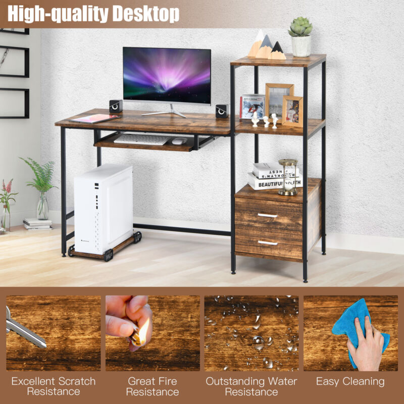 3 Level Computer Desk Wooden Computer Desk 3-Tier Shelves Computer Workstation W/ CPU Stand ...