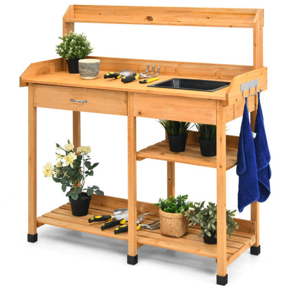 Garden Potting Table Wooden Planting Bench W/ Hooks Sink Drawer and Open Shelves