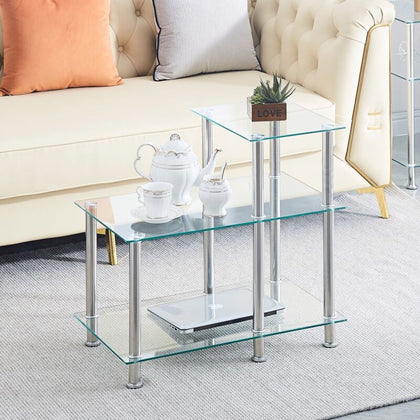 3 Tier Clear Tempered Glass Corner Sofa Table Step Side End Table Storage Shelf