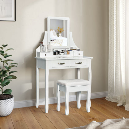 Dressing Table Vanity Makeup Desk Rotatable Mirror w/4 Drawers & Stool MDF White