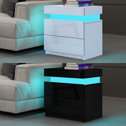Nightstand Bedside Table W/ 2 Drawer High Gloss White Black Modern