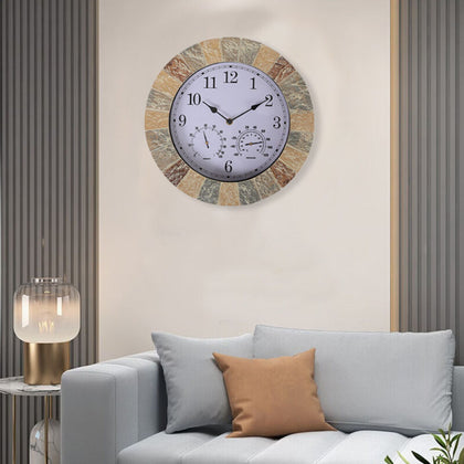 Garden Wall Clock Outdoor Decor Stone Effect Thermometer Humidity Home Bathroom