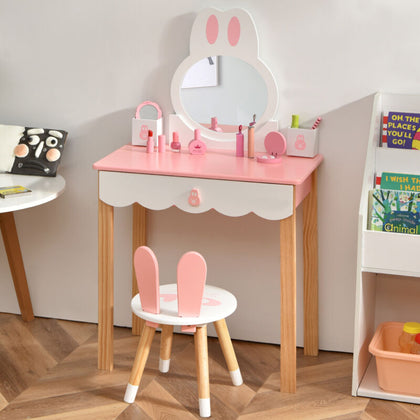 Kids Vanity Table and Chair Set Pretend Makeup Dressing Table W/ Mirror & Drawer