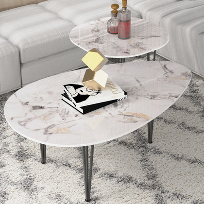 2pcs Luxury Coffee Table Marble Effect Cafe Center Table Living Room Bedroom Dec