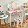 Kids Vanity Makeup Dressing Table & Chair Set W/ Tri-fold Mirror & Drawers White