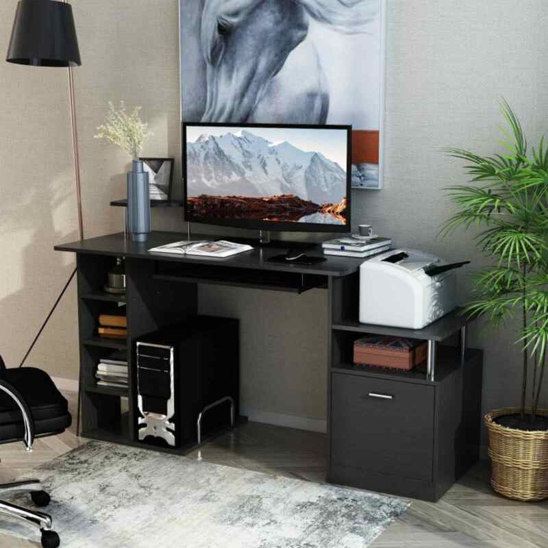 Modern Wooden Office Desk Computer Table w/ Storage Shelves Drawer PC ...