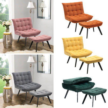 Upholstered Velvet Tufted Accent Chair Tub Armchair Lounge Sleep Sofa With Stool