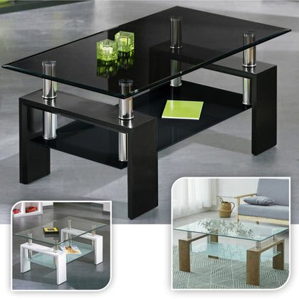Rectangle Glass Coffee Table With Storage Shelf Modern Living Room Furniture