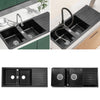 Black Kitchen Sink 2 Bowl Quartz Stone Washing Catering Sink W/ Right Drain Tray