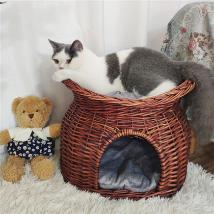 Handmade Wicker Pet Bed Basket Cat Puppy Sleep 2 Tier House Removable Cushion