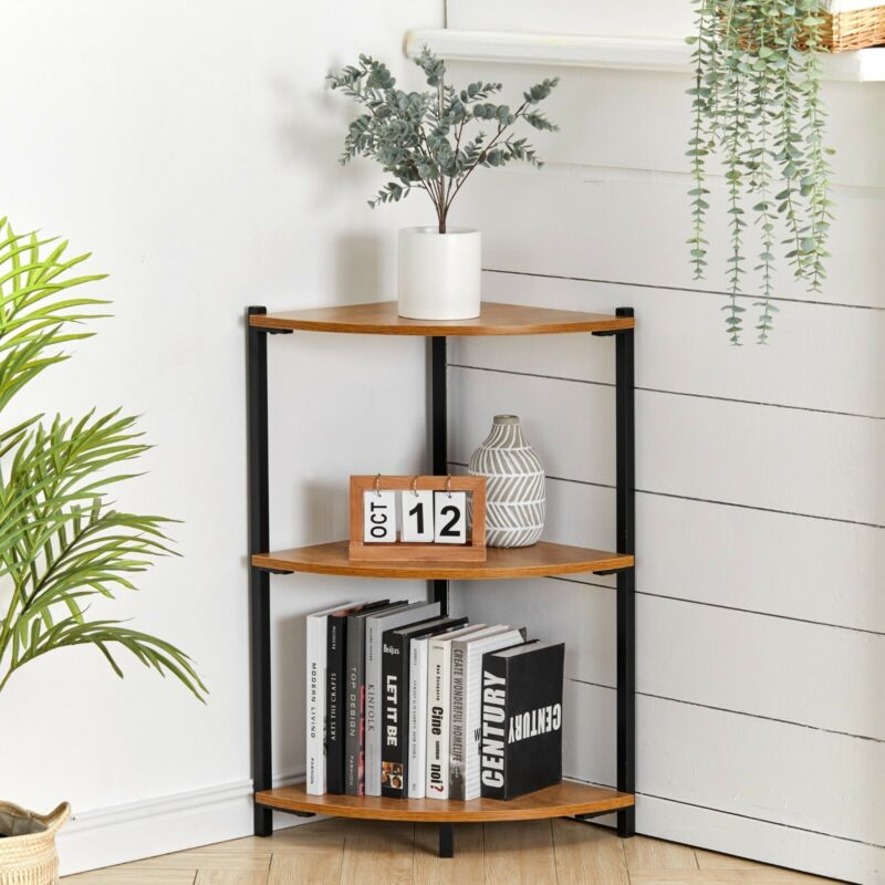 Rustic Corner Shelf Tiered Fan Bookshelf Wall Side Storage Display Flo ...