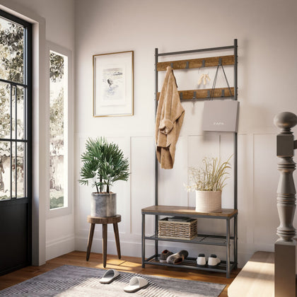 Coat Rack Stand Shoe Storage Bench with 9 Hooks Metal Frame Hallway Retro