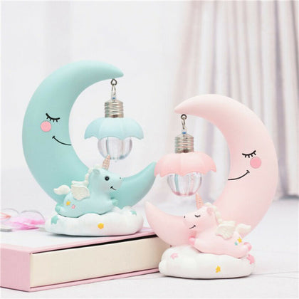 Resin Unicorn Moon LED Night Light Baby Children Nursery Room Bedside Lamp Gift