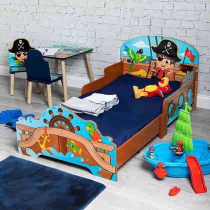 Kids Pirate Theme Wooden Single Bed Ship Boat Frame & Guardrails Junior Bedroom