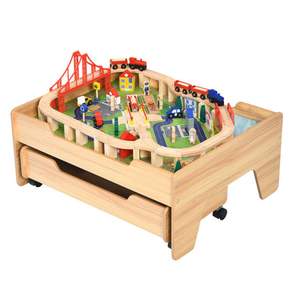 100 PCS Kids Wooden Train Track Railway Set Activity Table W/ Rolling Drawer