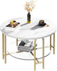 Round Coffee Table 2 Tier Faux Marble Clear Glass Storage Shelf Gold Metal Legs