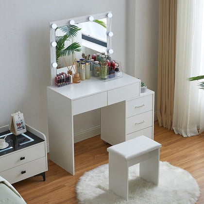 Wood Makeup Desk Dressing Table LED bulb 5 Drawers Stool Adjustable Cabinet