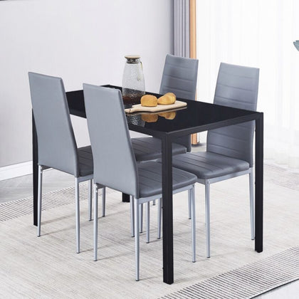 Black Tempered Glass Dining Table&4x Grey Faux Leather Dining Chairs Dining Set