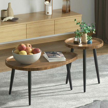 2PCS Walnut Wood Coffee Table Nesting Side Table with Metal Legs Room Apartment