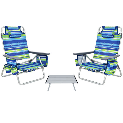 3 PCS Beach Chair and Table Set Outdoor Reclining Chairs Roll Up Camping Table
