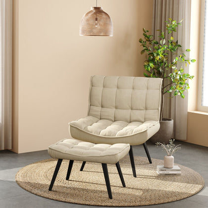 Upholstered Velvet Armchair Deep Button Extra Soft Lounge Sofa with Stool Rest