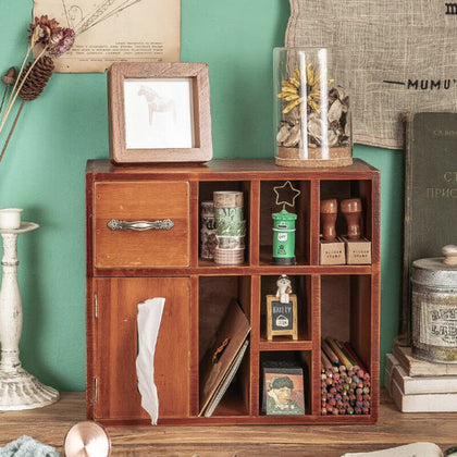 Home Office Retro Wooden Desktop Tidy Stationery Pen Organiser Holder Tissue Box