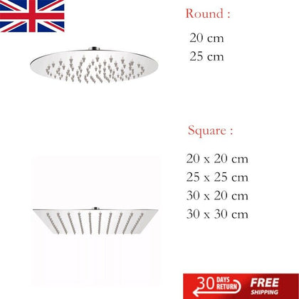 Round/Square Rain Shower Head Rainfall Overhead Bath 1/2 pcs Stainless Steel