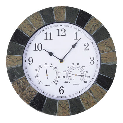 Home Garden Wall Clock with Thermomter Indoor Outdoor Arabic 34cm Slatted Effect