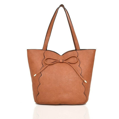 Bow Detail Tan Large Tote Bag Ladies Womens Shoulder Handbag