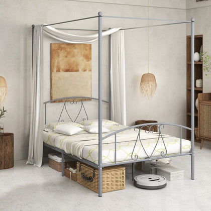 Double Size Metal Canopy Bed Frame Modern 4 Poster Platform Bed with Headboard