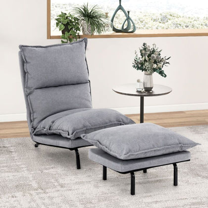 Modern Accent Chair w/Ottoman Faux Linen Fabric Lazy Sofa w/ Adjustable Backrest